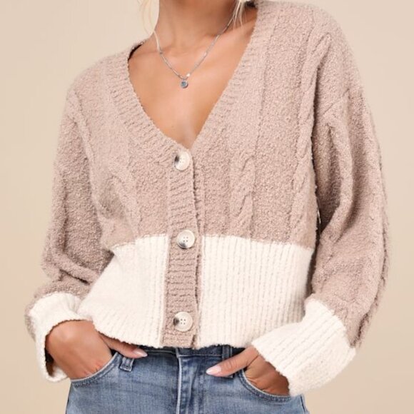 Lulus Tops - Lulus Convincingly Cozy Beige And Ivory Cable Knit Boucle Cardigan - Size S